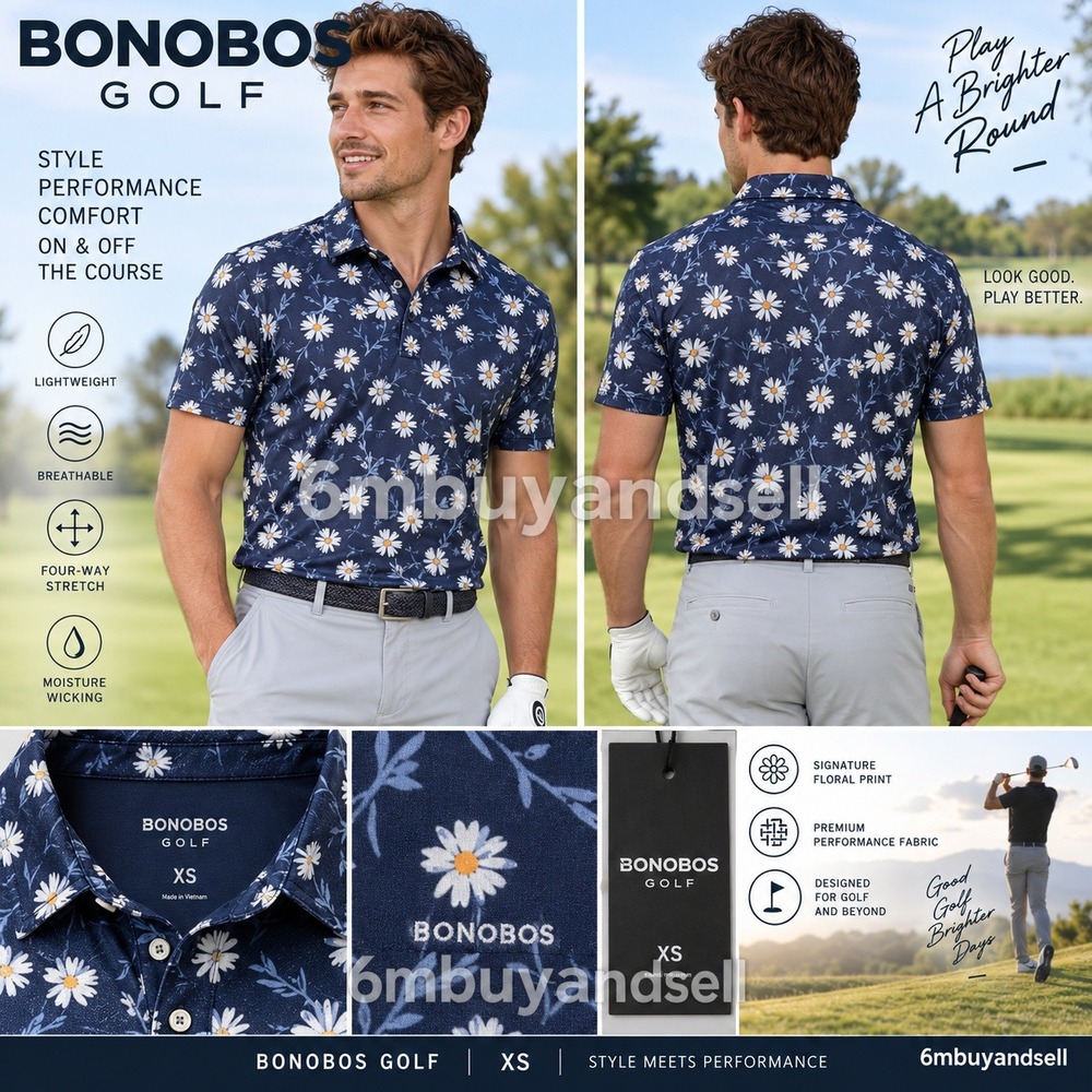 Bonobos Golf Mens XS Slim Fit Floral Daisy Polo Shirt Navy Blue GKT00592S-B1014